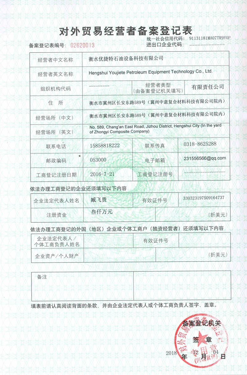 杭州对外贸易经营者备案登记证