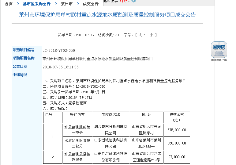 莱州市环保局备案