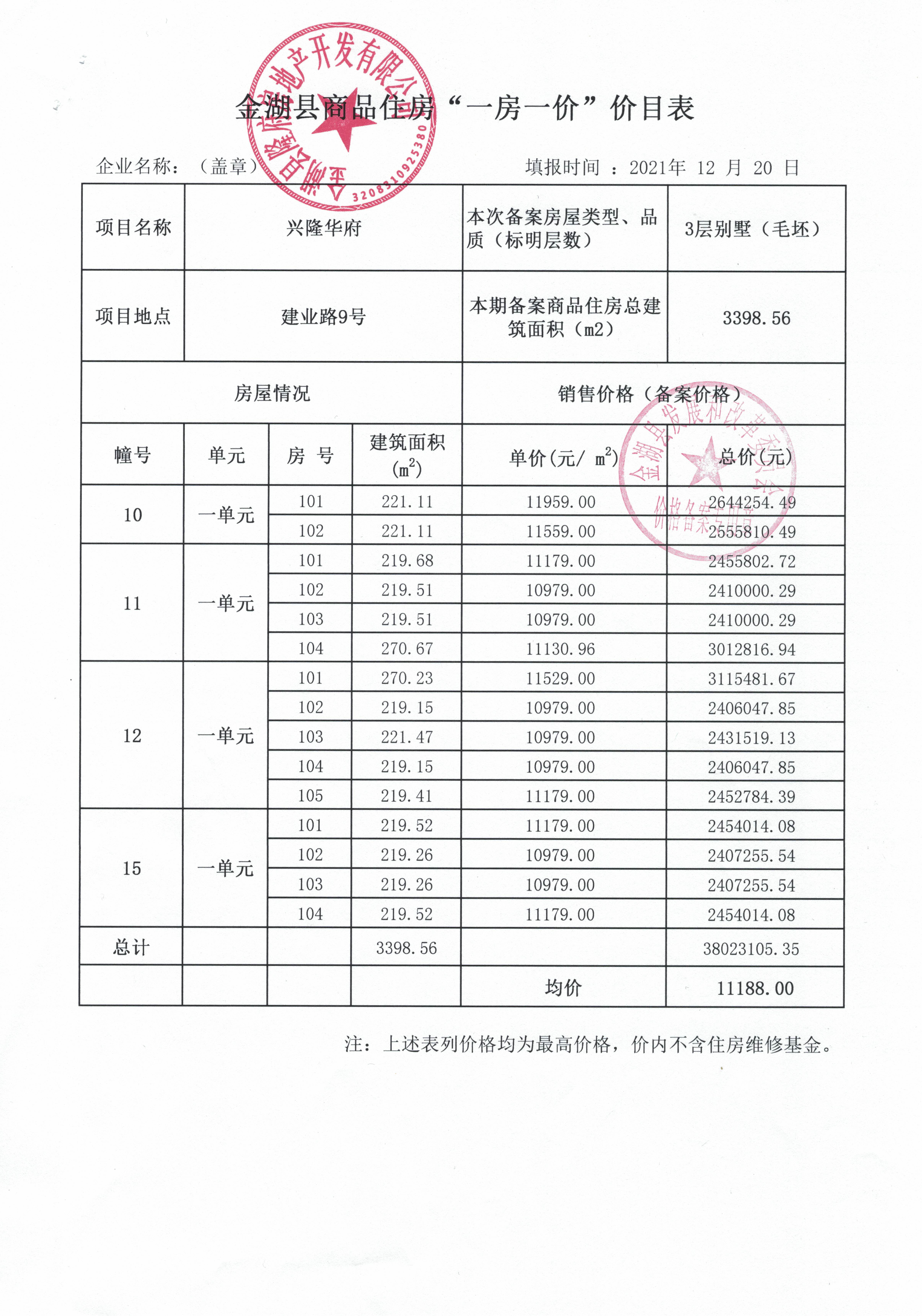 珠海市商品房销售价格备案申报表